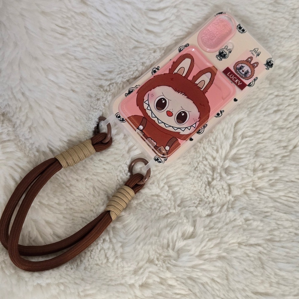 Labubu Phone Case iPhone 16 Brown Pink Monster Wristlet Lanyard Card Slot‎